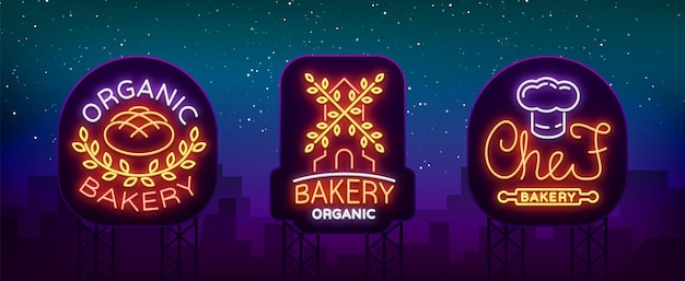 Boulangerie Collection de logos de style néon Illustration vectorielle sur le thème des pâtisseries fraîches
