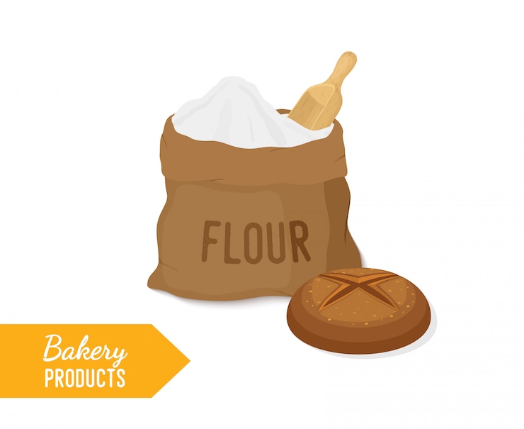 Boulangerie - farine dans un sac en tissu et pain de seigle