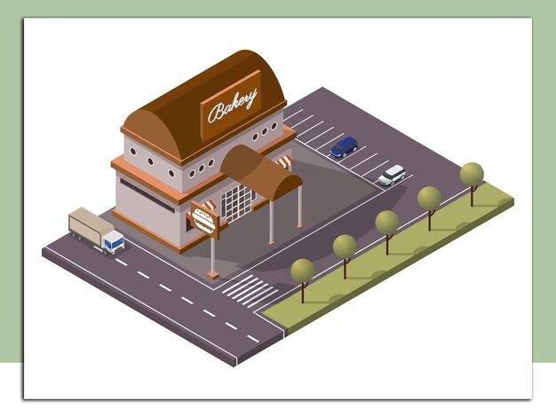 Vecteur boulangerie isométrique et parking le long de la rue des transports