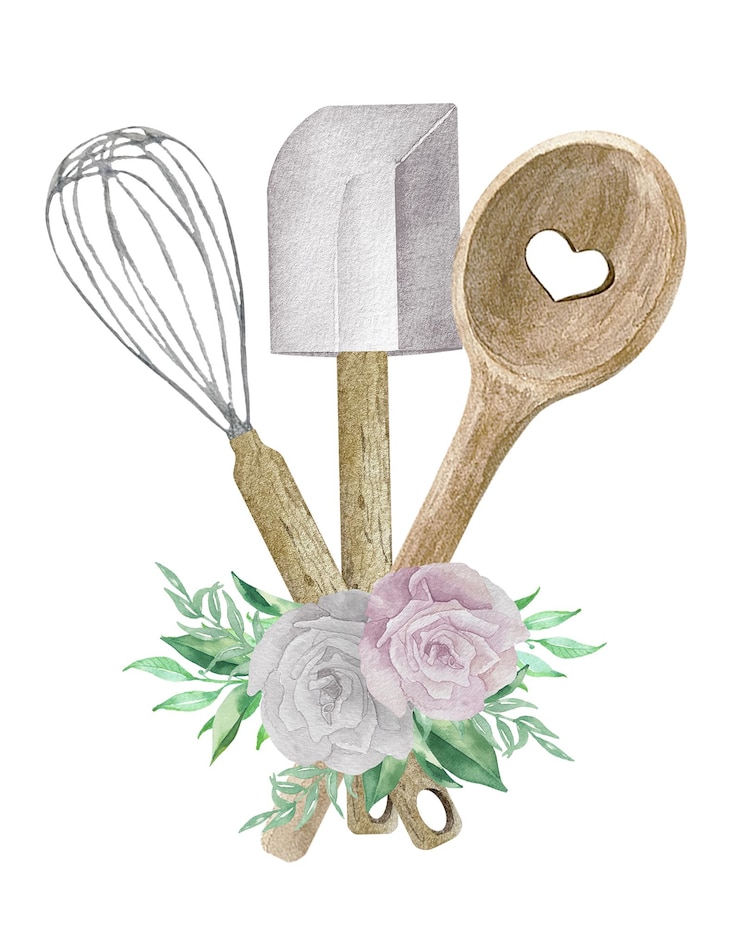 Vecteur boulangerie logo aquarelle avec cuillère à fouet et spatule