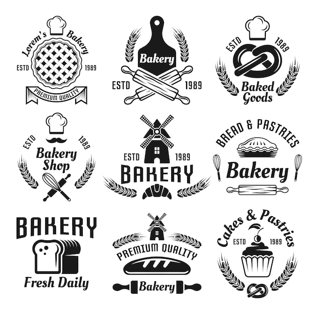 Boulangerie et pâtisseries ensemble d'étiquettes monochromes de vecteur, badges, emblèmes isolés sur blanc