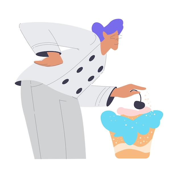 Vecteur boulangerie avec personnage de boulanger femme dans l'uniforme décorez l'illustration vectorielle de cupcake