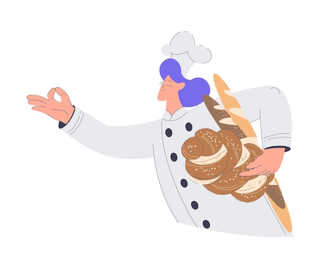 Vecteur boulangerie avec personnage de boulanger femme en uniforme tenez une illustration vectorielle de pain frais cuit