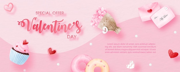 Boulangerie sucrée avec décoration de l'offre spéciale de la Saint-Valentin et bannière de la boutique dans des aquarelles et des calques avec le libellé des exemples de textes de vente sur fond rose