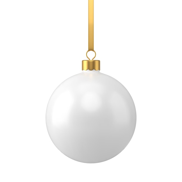 Boule de jouet d'arbre de Noël de tendresse blanche suspendue avec illustration vectorielle réaliste 3d de corde dorée. Décor festif d'hiver d'épicéa d'intérieur métallique ou en verre élégant classique pour le modèle de célébration de vacances