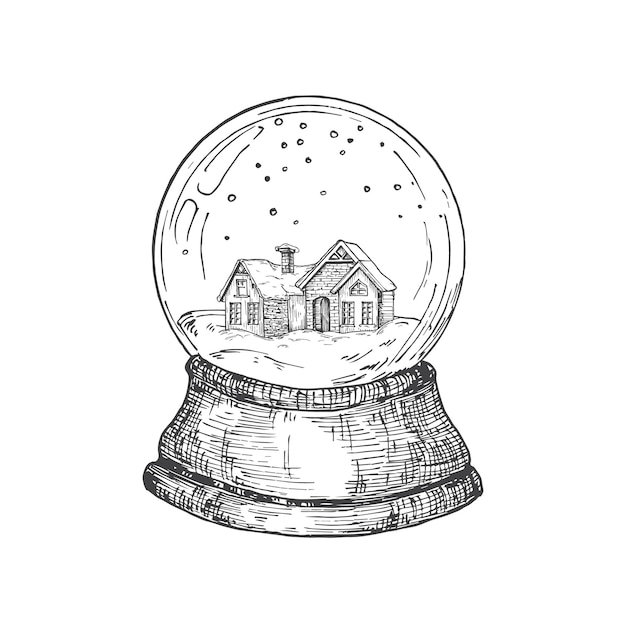 Vecteur boule de neige de noël dessinée à la main avec maison de jouet à l'intérieur de croquis abstrait vector illustration vacances d'hiver...