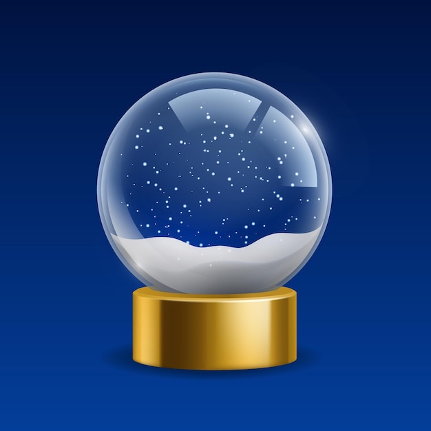 Boule à neige vide Globe de Noël réaliste avec de la neige Boule de cristal magique isolée sur support doré Sphère en verre transparent avec des flocons de neige Souvenir de Noël vierge Illustration vectorielle