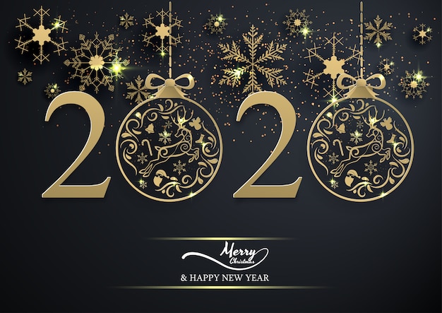 Boule de noel doré et décoration noël 2020 sur fond noir