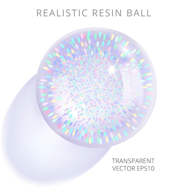 Vecteur boule de résine réaliste avec un scintillement de clinquant arc-en-ciel à l'intérieur projetant une ombre transparente