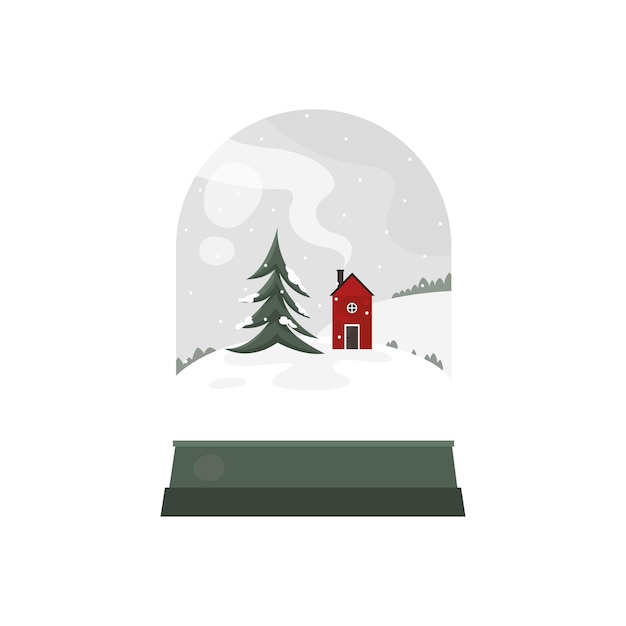 Vecteur boule de verre de noël avec arbre de noël et maison avec des flocons de neige dans un style plat