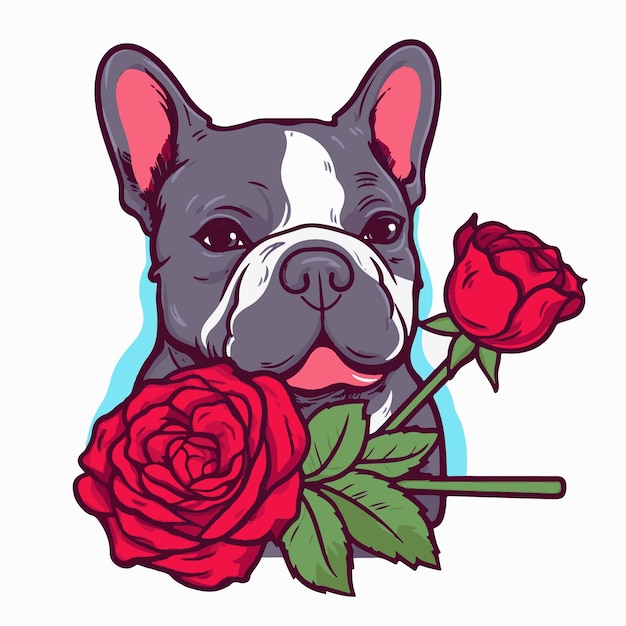 Vecteur un bouledogue français avec des roses sur son visage.