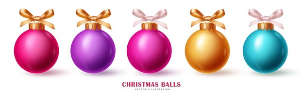 Des boules de Noël colorées, un ensemble vectoriel de conception, un élément de boule de Noël en 3D brillant, brillant et lisse