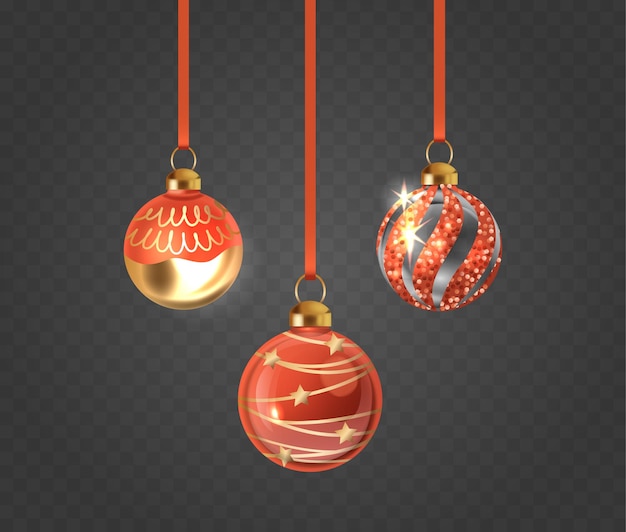 Des boules de Noël élégantes en rouge et en or sont gracieusement accrochées à des rubans sur un fond transparent