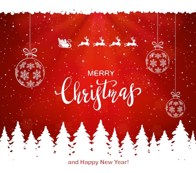 Des boules de Noël et le Père Noël avec des rennes survolent les arbres de Noël sur un fond de neige rouge. L'illustration peut être utilisée pour la conception de vacances pour enfants, les cartes, les invitations et les bannières.