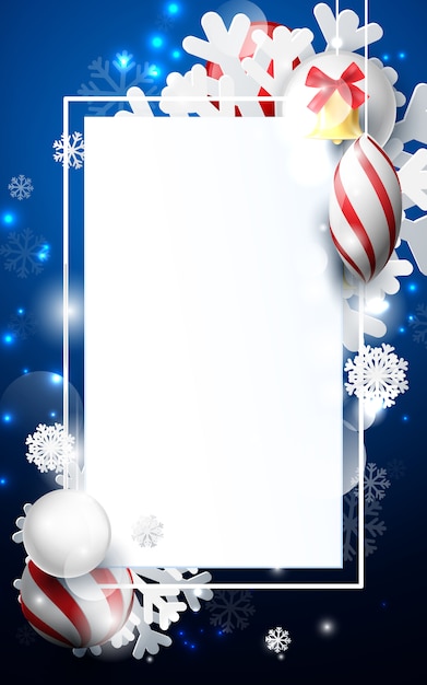 Boules De Noël Rouges Et Blanches Avec Des Flocons De Neige D'ornements, Cloche D'or Et Géométrique Sur Fond Bleu Foncé.