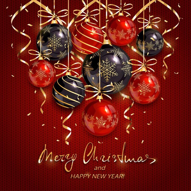 Boules de Noël rouges et noires et banderoles dorées sur fond tricoté. Lettrage de vacances joyeux Noël et bonne année, illustration.