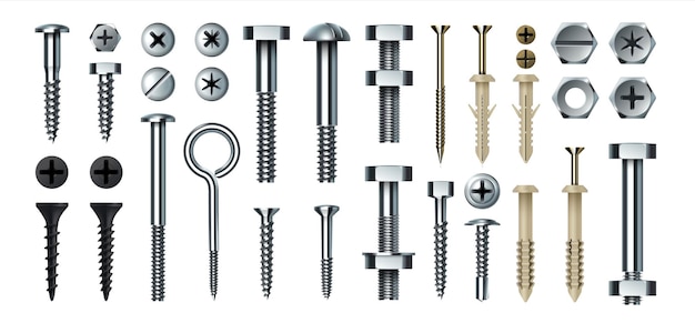 Boulon et vis Fixations métalliques réalistes avec écrous Assortiment de quincaillerie 3D Vue de dessus et de côté de différents types de clous en acier Outils pour la construction et les réparations Ensemble vectoriel autotaraudant