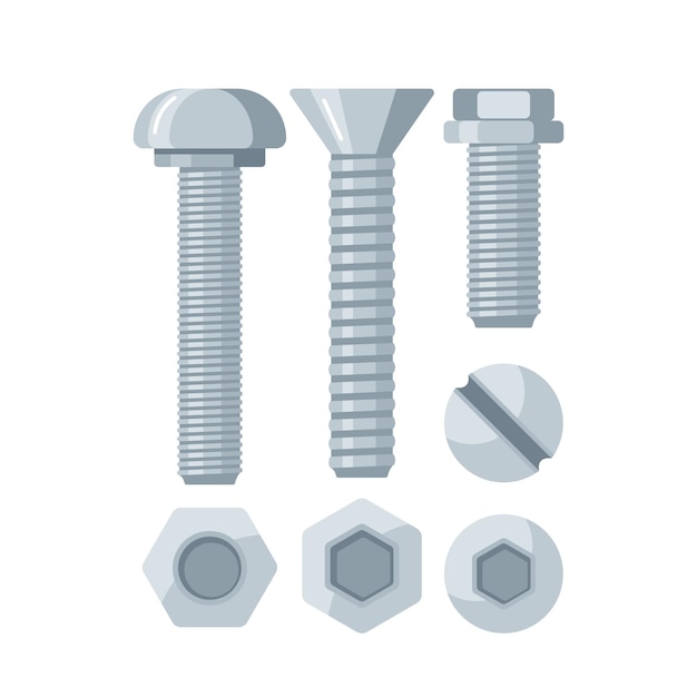 Vecteur les boulons et les écrous sont des éléments de fixation essentiels dans la construction et les machines. les boulons sont des tiges filetées tandis que les écrous sont des composants filetés femelles fixant les pièces ensemble illustration vectorielle de dessin animé