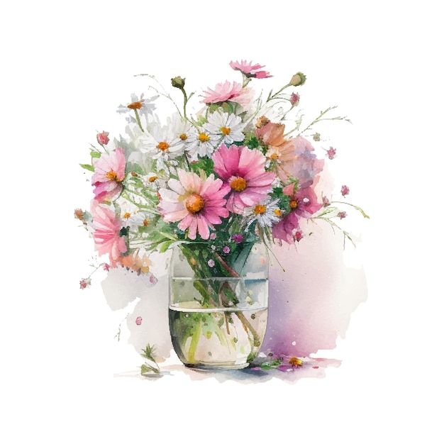 Vecteur bouqet aquarelle avec des fleurs roses et blanches sauvages dans un vase