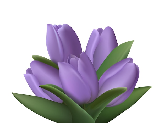 Bouquet 3d violet réaliste de cinq fleurs de tulipe