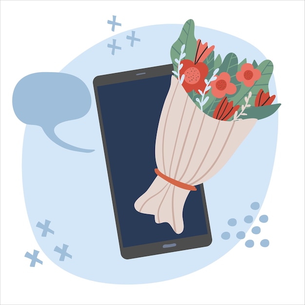 Bouquet D'applications Mobiles De Livraison De Fleurs Sur Un Service D'écran De Smartphone Pour Choisir Et Commander Des Plantes Illustration Vectorielle Plane