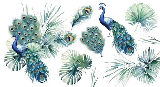 Vecteur bouquet d'aquarelle de feuilles de palmier tropical avec des plumes de paon