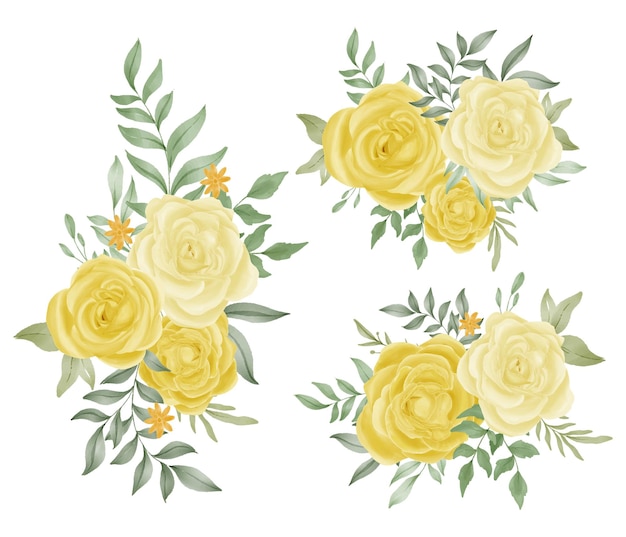 Bouquet Aquarelle Fleur Rose Jaune