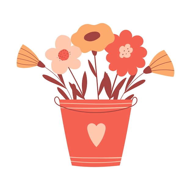 Vecteur bouquet d'arrangement de fleurs dans un seau avec coeur composition botanique avec de jolies fleurs simples en style cartoon illustrations vectorielles de couleur isolées sur fond blanc