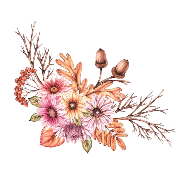 Bouquet d'automne aquarelle avec fleurs et feuilles sèches sur fond blanc