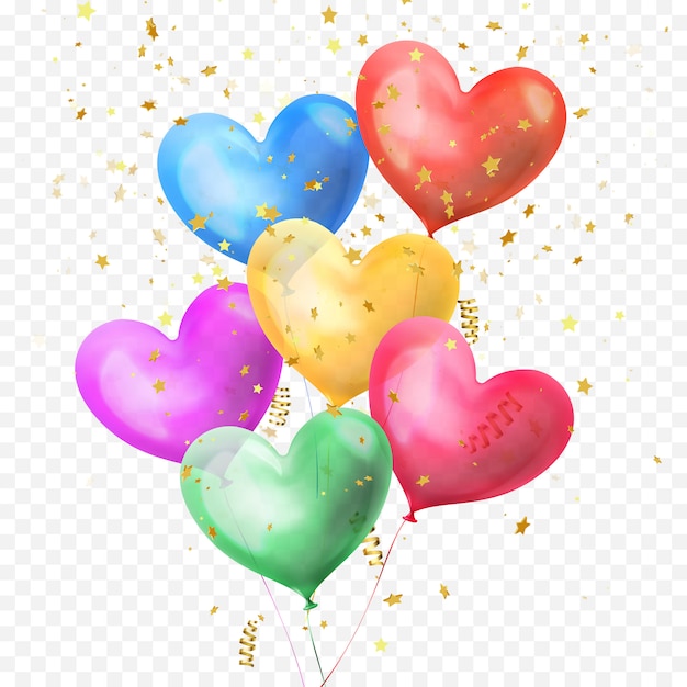 Bouquet de ballons coeur et confettis étoiles paillettes dorées isolés sur fond transparent pour la fête d'anniversaire, la Saint Valentin ou la conception de décoration de mariage. paquet de ballons colorés coeur hélium