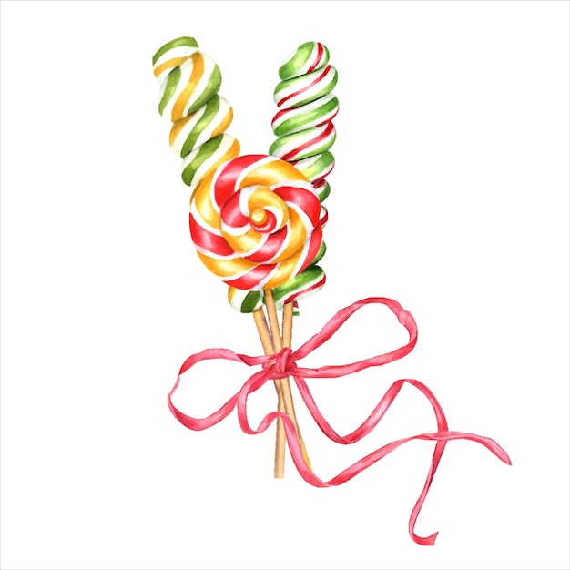 Bouquet De Bonbons En Spirale Sucettes Sur Bâton Avec Arc Bonbons Ronds Et Oblongs Avec Tourbillons Rayés