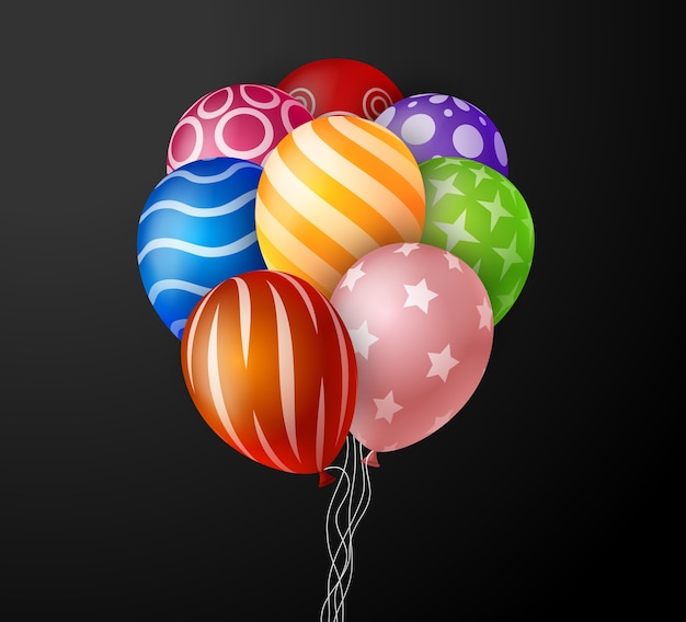 Vecteur bouquet coloré réaliste de ballons d'anniversaire volant pour la fête et les célébrations avec un espace pour le message sur fond noir. illustration