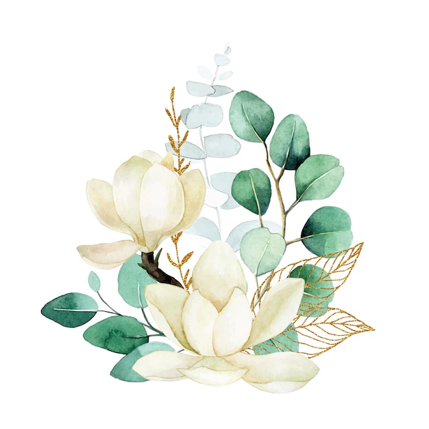 bouquet de dessin aquarelle avec magnolias blancs et feuilles d'eucalyptus illustration délicate