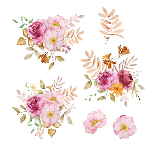 Bouquet élégant de fleurs et de feuilles d'automne en aquarelle