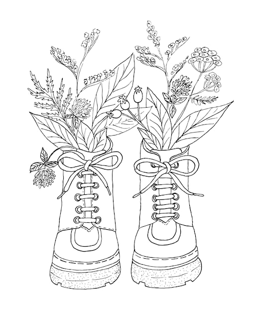 Bouquet De Feuilles Et De Fleurs D'automne En Bottes Coloriage Composition D'automne à Colorier