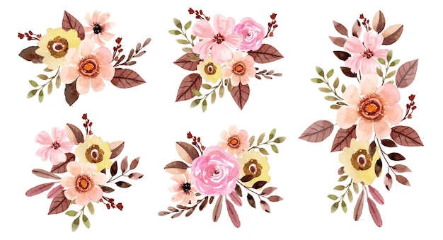 Bouquet de fleurs aquarelle avec rose rose et feuilles brunes