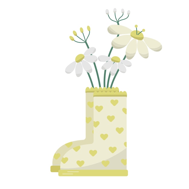 Bouquet De Fleurs De Camomille De Printemps Mignon Vecteur En Bottes Wellington Romantiques Jaunes Concept De Jardin