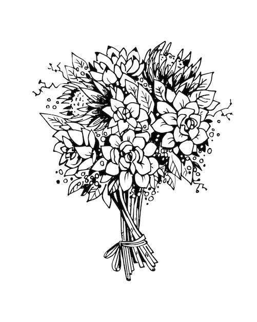 Bouquet De Fleurs. Croquis De Vecteur Noir Et Blanc