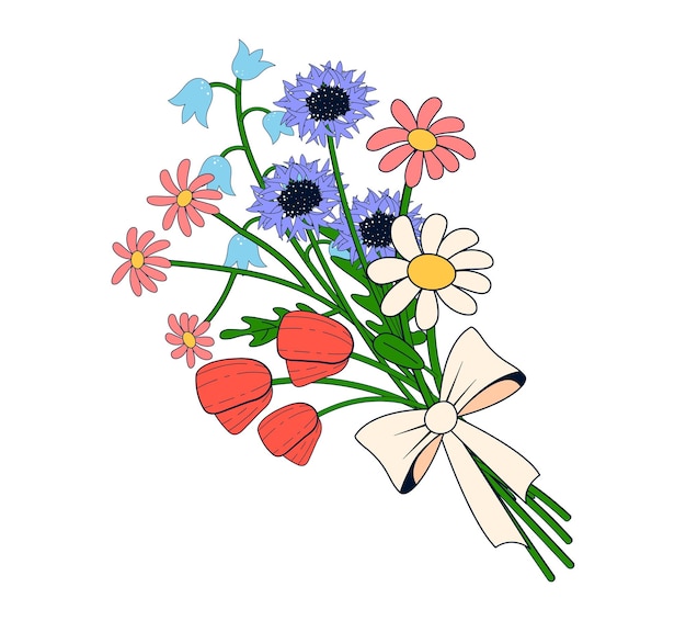 Bouquet De Fleurs Dans Le Style De Dessin Animé Fleurs Sauvages De Printemps Tulipes Lys De Camomille