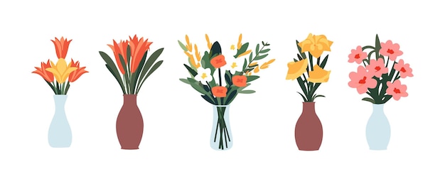 Vecteur bouquet de fleurs dans un vase printemps fleur romantique ensemble minimaliste vecteur plat illustration générative ai plante florale en fleurs dans un récipient de poterie en céramique de verre dessin animé dessiné à la main isolé