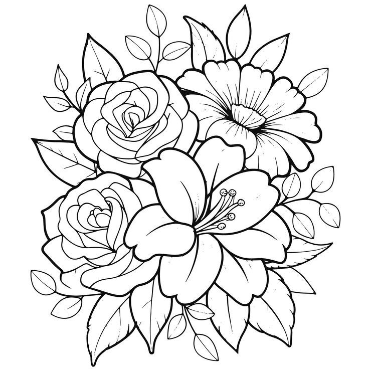 Vecteur bouquet de fleurs détaillé en noir et blanc