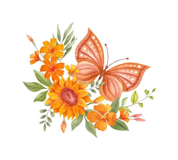 Bouquet de fleurs et de feuilles de printemps à l'aquarelle avec un joli papillon