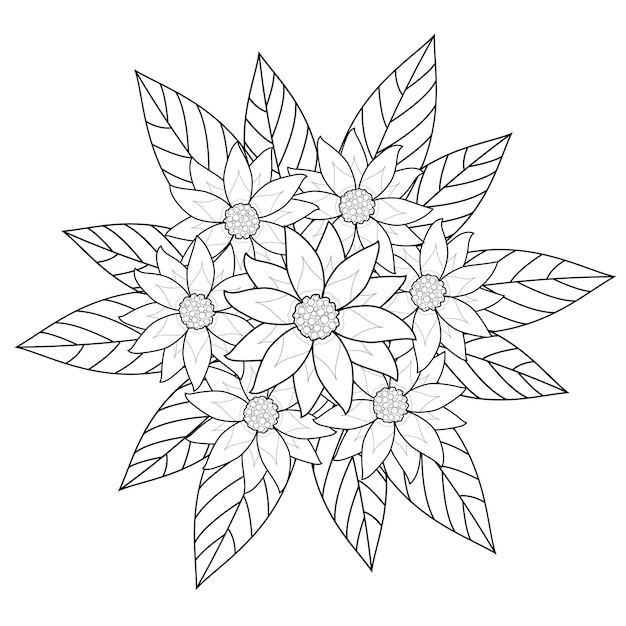 Vecteur bouquet de fleurs de fleurs et laisser main dessiner dessin de fleurs en noir et blanc pour coloriage adulte boo