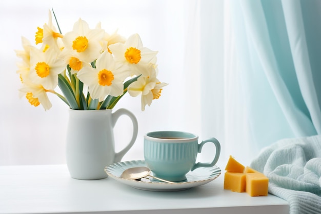 Vecteur bouquet de fleurs de frangipani plumeria blanche dans un vase avec une tasse de thé blanche nature morte sur le