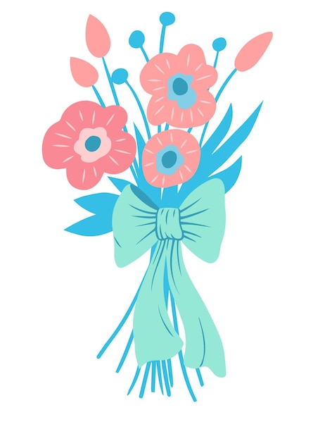 Bouquet de fleurs de jardin délicates attachées avec un arc bleu Illustration vectorielle dessinés à la main Design plat