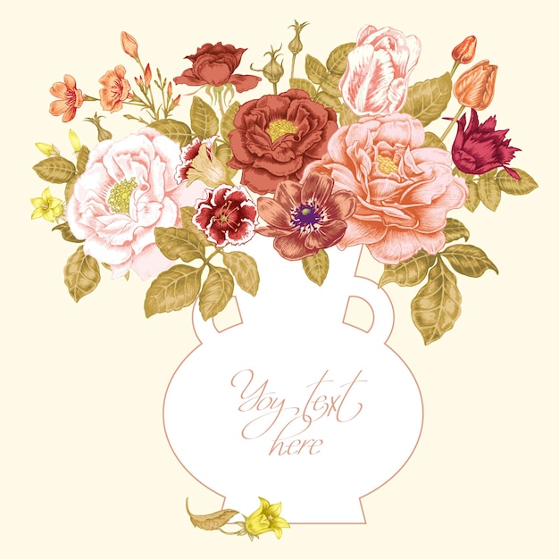 Bouquet De Fleurs De Jardin Pivoines Et Roses Place Pour Carte Vintage Texte