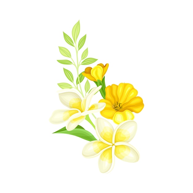 Bouquet de fleurs jaune vif avec une composition vectorielle de fleurs délicates et de brindilles vertes