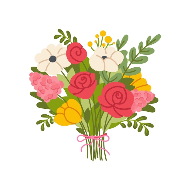 Bouquet de fleurs plates sur fond blanc roses de printemps et marguerites en bouquet pour la fête des mères