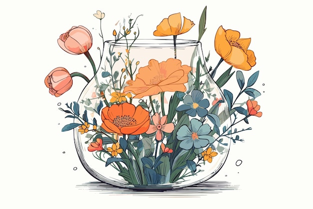 Un Bouquet De Fleurs De Printemps Dans Une Illustration D'art Vectoriel En Verre