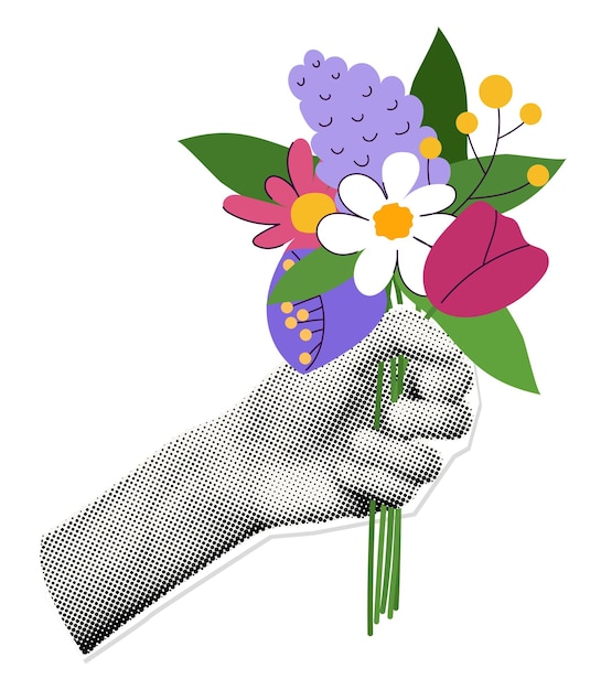 Bouquet de fleurs tenu à la main illustration vectorielle de collage artistique